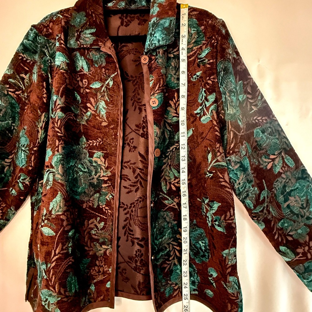 Coldwater Creek Reversible Tapestry Jacket PM Brown Teal Floral Boho Velvet - Picture 6 of 9